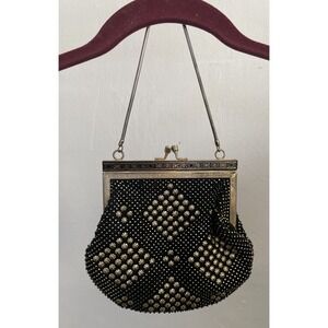 Vintage 1960s Black/Gold Beaded Bag 7x6" With 6" Chain Detailed Metal Clasp